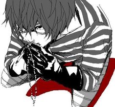 an anime character with black hair and striped shirt, holding his hands to his face