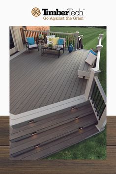 a deck with chairs and lights on it