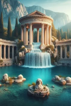 an artistic painting of a waterfall and some statues in the middle of a body of water