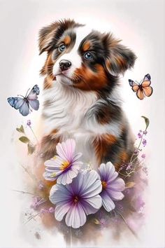 a dog is surrounded by flowers and butterflies