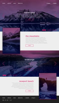 the website design for travel blog is shown in purple and pink tones, with mountains on either side