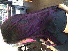 ALMOST black to amethyst purple with a little melty magenta midshaft. #SarahHair Black Hair Purple Highlights, Purple Underneath Hair, Plum Highlights, Purple Hair Streaks, Purple Hair Highlights, Magenta Hair, Dark Purple Hair, Creative Hair Color, Hair Streaks