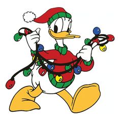 a cartoon duck wearing a christmas hat and holding a pair of scissors in one hand