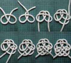 several knots are laid out on a green surface and ready to be made into bracelets