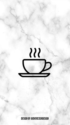 a coffee cup with steam rising out of it on a marble background that is black and white