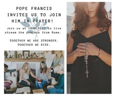 a woman holding a rosary in her hands and an ad for the pope franciss