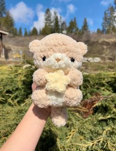 a person holding a teddy bear in their left hand with the sky and trees in the background