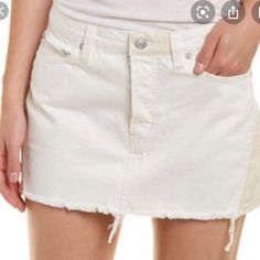 Free People White Denim Mini Skirt With Tan Accents On The Side Size 27 Nwot Chic White Denim Mini Skirt, White Denim Skirt, Short Length, Chic White Cutoff Denim Skirt, White Denim Mini Skirt Casual, Trendy White Mid-rise Denim Skirt, White Mini Denim Skirt With Pockets, White Denim Mini Skirt With Pockets, White Denim Mini Skirt With Frayed Hem, White Cotton Mini Denim Skirt