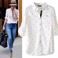 Anchor Print Collar Long sleeve Button Down Cotton Shirt Blouse Tops WH White Blouse Top, Anchor Print, Shirt Blouses Tops, Blouse Tops, Customise T Shirt, Chiffon Long Sleeve, Casual Tops For Women, Long Shirt, Alibaba Group