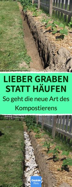 an image of a garden with rocks and grass in the ground, along with text that reads lieber graben statt haufn so get die neu art des kompostierens