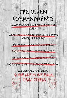 the seven commandments written in red on a white wooden background with black and red writing