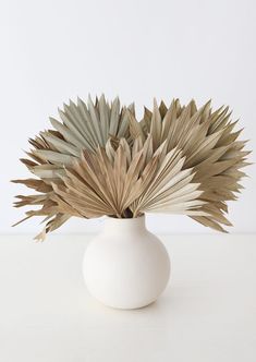 a white vase filled with lots of different types of leaves on top of a table