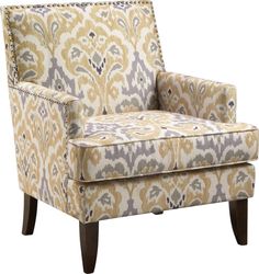 an upholstered chair with a yellow and gray pattern on the armrests