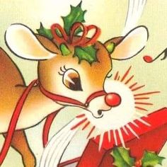 a christmas card with a reindeer holding a gift box and holly berries on its nose