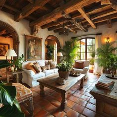 a living room filled with lots of furniture and plants on top of it's walls