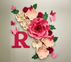 the letter r is surrounded by paper flowers and butterflies