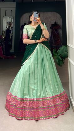 Look amazing adorning see green color jacquard silk lehenga choli with beautiful weaving work with ikkat kanjivaram.
This maharashtra zari weaving work lehenga choli can be wear at any special festivals.