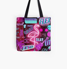 a pink flamingo tote bag with various stickers all over it