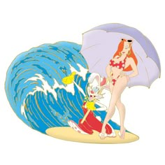 a woman in a bathing suit holding an umbrella next to a cartoon character on the beach