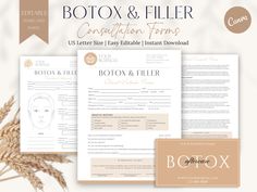 the botox and filler template is shown on top of a white background with wheat stalks