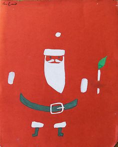 a drawing of santa claus on a red piece of paper with a green leaf in his mouth