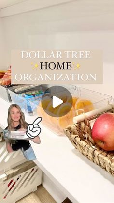 the dollar tree home organization video is displayed in front of a basket with apples and other items