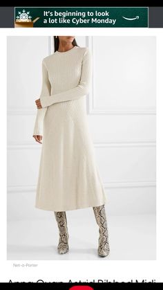 White Rib Knit Dress, Sweater Long Dress, Sweater Dress Cardigan Set, Long Winter Dresses Casual, Rib Knit Dresses, Sweater Knit Dress, Long Knit Dress With Boots, Winter Dress White, Professional Sweater Dress