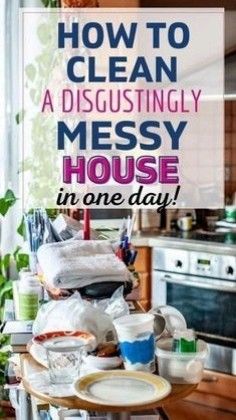 a messy kitchen with the words how to clean a disgusting messy house in one day