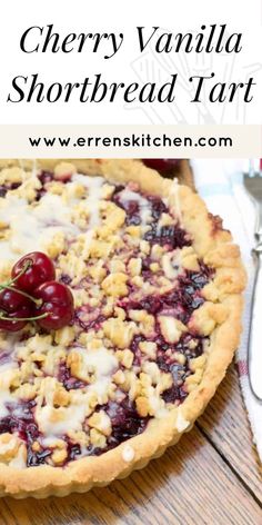 cherry vanilla shortbread tart on a wooden table