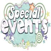 the words special events are surrounded by stars and swirls in green, purple, blue, and white