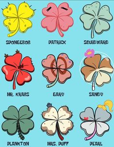 four leaf clovers are shown in different colors and sizes, with the names on them