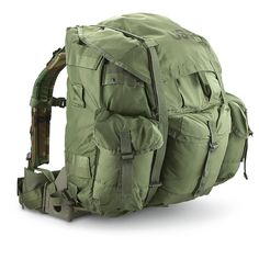 an army green backpack is shown on a white background