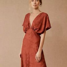 This Textured Maxi Dress Pairs A Softly Draped Bodice With Airy Sleeves And A Flowy Skirt. Floral Motifs And A Plunging Neckline Complete The Look. Side Zip Polyester; Polyester Lining Professionally Clean Imported Long Sleeve Orange Dress, Light Summer Color Palette, Summer Colour Palette, Textured Maxi Dress, Draped Bodice, Burnt Orange Dress, Silk Gown, Skirt Floral, Sleeve Maxi Dress