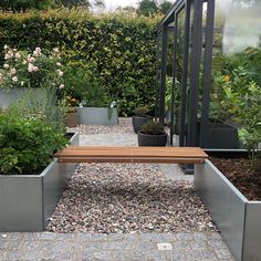 a wooden bench sitting in the middle of a gravel covered walkway next to some plants