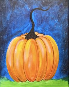 an acrylic painting of a pumpkin on a green field with blue sky in the background