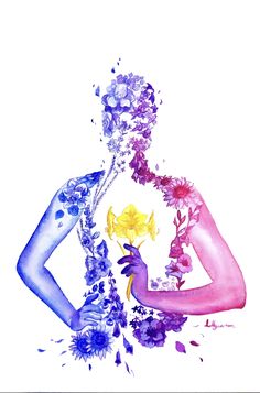 two women with flowers in their hair and one is blowing water on the other side