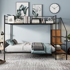 a bedroom with blue walls and a metal bed frame