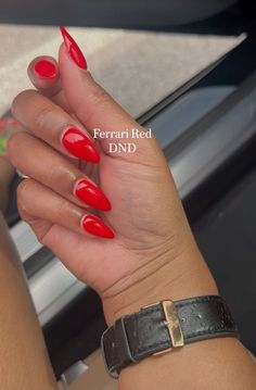 Ferrari Red Nails Almond, Dnd Red Ferrari, Ferrari Red Dnd, Dnd Ferrari Red, Red Ferrari Nails, Red Almond Nails Short, Red Vacation Nails, Ferrari Red Nails, Almond Red Nails