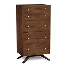 the chest of drawers is made out of wood and has five drawers on each side