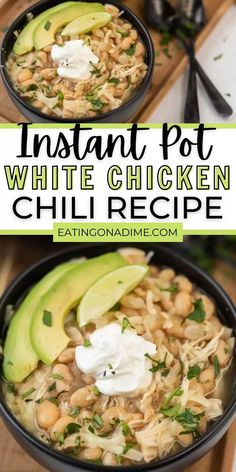 instant pot white chicken chili recipe with avocado and sour cream in the middle