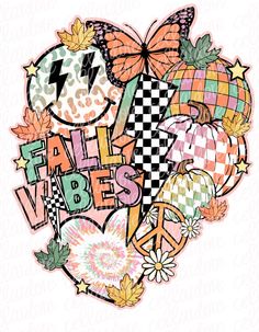 the word fall vibe is surrounded by various autumn leaves and other things that appear to be in