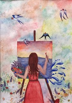 a woman in a red dress is painting on an easel with birds flying around her