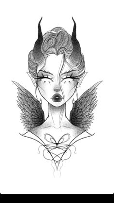 a black and white drawing of a woman with horns on her head, surrounded by wings