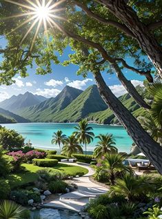 the sun shines brightly over a tropical landscape with blue water and mountains in the background