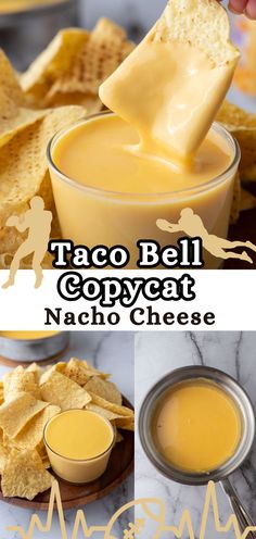 the recipe for taco bell copycat nacho cheese is shown in this collage