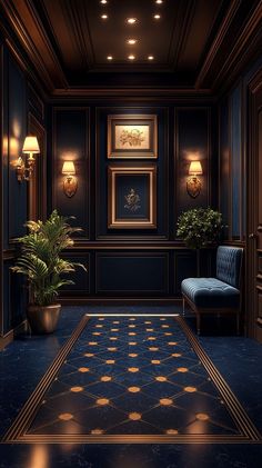 an elegantly decorated hallway with blue walls and gold trimmings is lit by two lamps