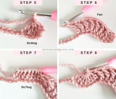 four pictures showing how to crochet the same stitch in three different stages, with instructions for each step