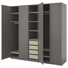 an open closet with drawers and shelves on the bottom, side by side in grey