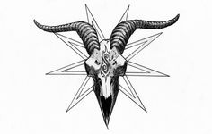 a goat's head with long horns is shown in the middle of a pen and ink drawing