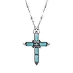 This silver-tone and aqua cross necklace is a spiritual fashion statement! This silver-tone and aqua cross necklace is a spiritual fashion statement! NECKLACE DETAILS Pendant length: 2 in. Chain length: 20 in. Clasp: lobster-claw Metal: alloy Plating: silver tone Finish: polished Stone: moonstone Not appropriate for children 14 years old and younger. Size: One Size. Color: Blue. Gender: female. Age Group: adult. Material: Silver Plate. Blue Bohemian Necklace With Cross Pendant, Bohemian Blue Cross Pendant Necklace, Turquoise Cross Necklace, Spiritual Fashion, Bff Necklaces, Turquoise Cross, Blue Cross, Wedding Accessories Jewelry, Cross Jewelry